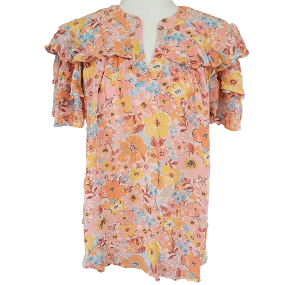 Democracy Orange Blue Yellow Floral Print Rayon Blouse Size Medium EUC